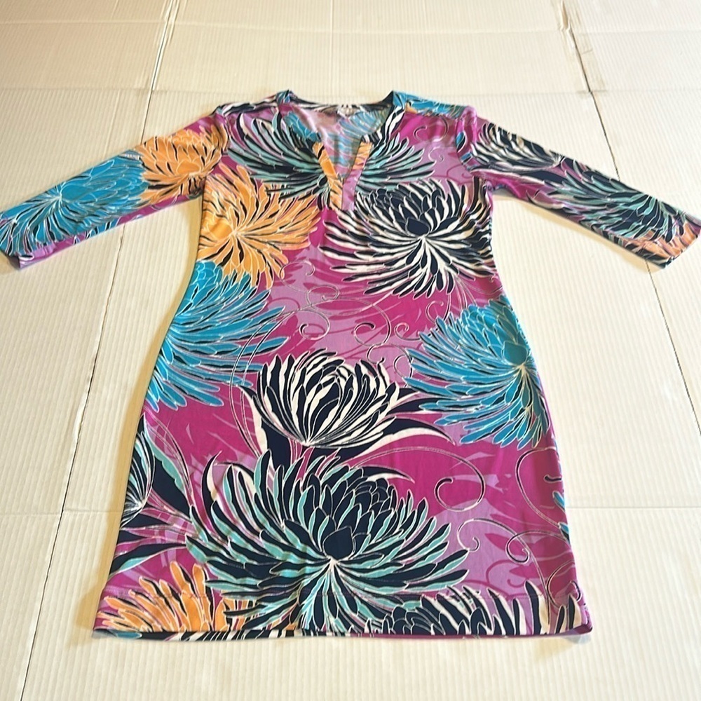 Banana Republic floral tropical colorful Vneck mini dress shirt elbow sleeves - Picture 1 of 8